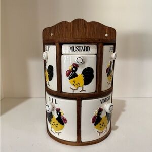 Vintage Rooster Spice Rack with Ceramic Jars